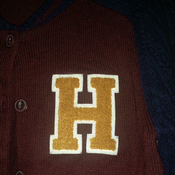 Tommy Hilfiger Burgundy & Navy Varsity Cardigan w Cable Knit Sleeves Sz L - Picture 5 of 7